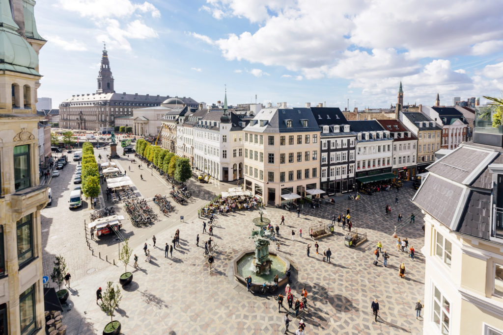 Aerial view of Copenhagen skyline and Amagertorv town square with fountain, Denmark - stock photo