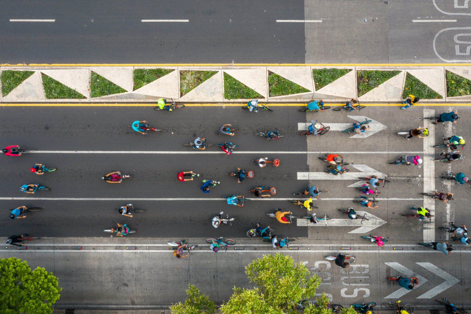 Mexico: Aerial view of people cycling in the street, Mexico City