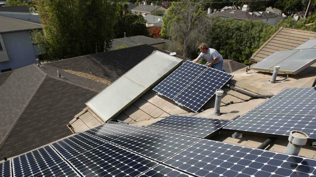 Work Crew Installs Solar Power Panels In Santa Monica Los Angeles
