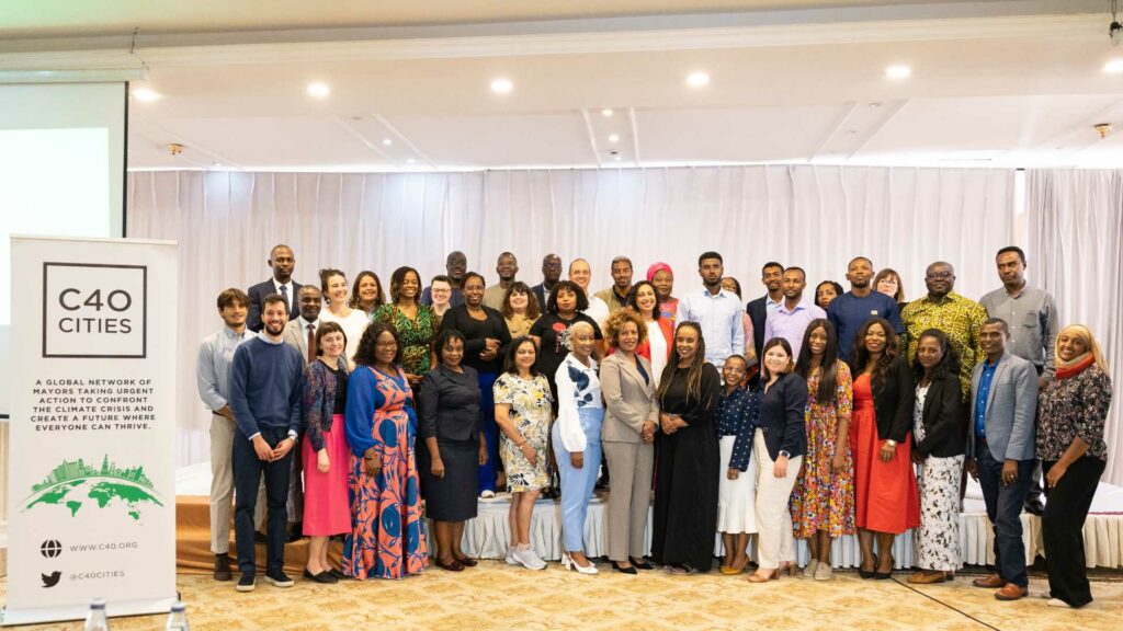 Group photo - Addis Ababa March 2024 ICA Workshop - featuring C40 staff and city representatives from Abidjan, Addis Ababa, Accra, Cape Town, Dakar, Dar es Salaam, Freetown, and Ethekwini