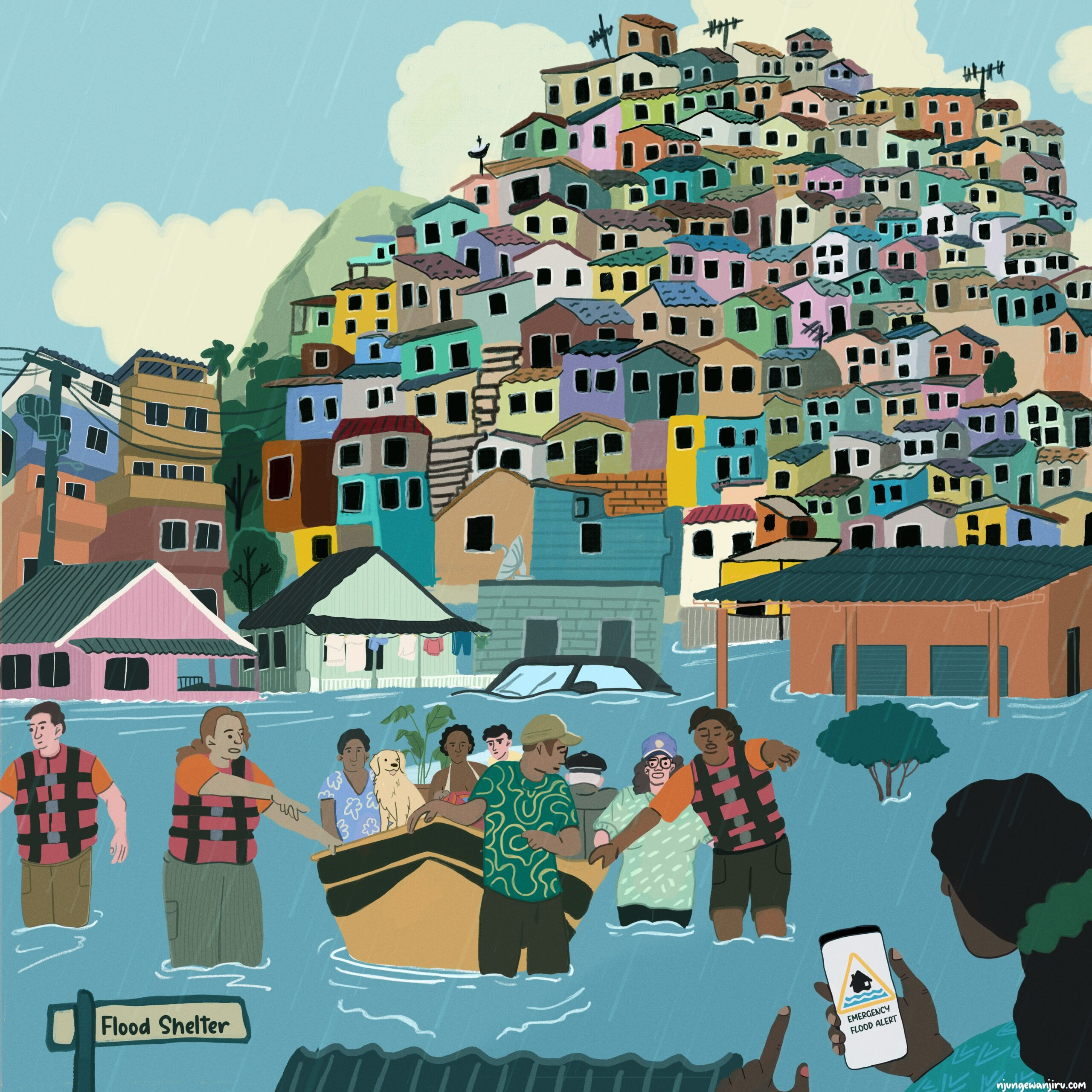 Illustration by Njung'e Wanjiru commissioned by C40 Cities. The scene is inspired by a city like Rio de Janeiro and show people evacuating an area impacted by flooding.